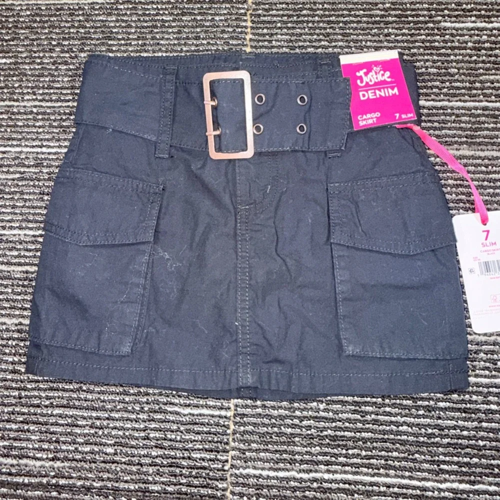 Justice Cargo Skort Girls 7 Slim New Black Belted Utility Denim Skirt